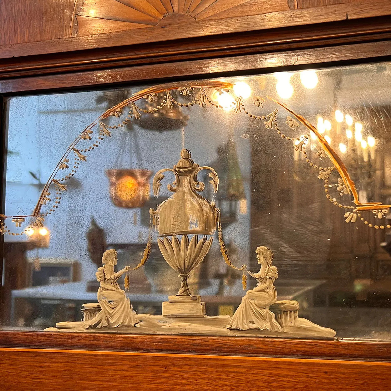 Danish Neoclassical Parquetry Mahogany Pier Mirror with Brass Sconces