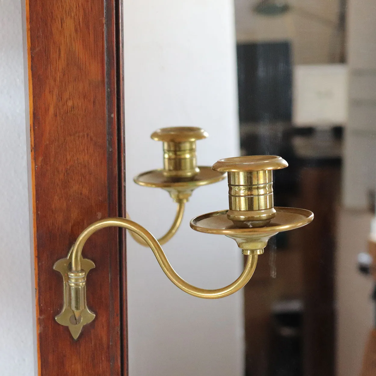 Danish Neoclassical Parquetry Mahogany Pier Mirror with Brass Sconces
