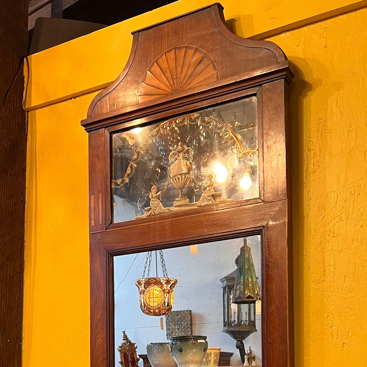 Danish Neoclassical Parquetry Mahogany Pier Mirror with Brass Sconces
