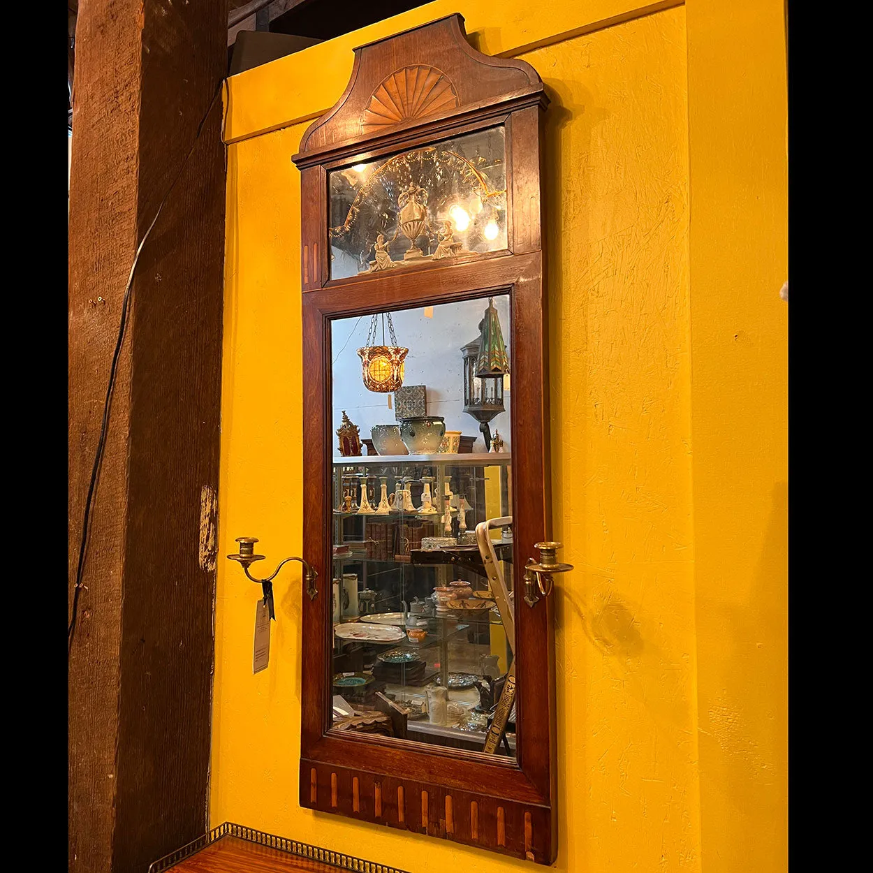 Danish Neoclassical Parquetry Mahogany Pier Mirror with Brass Sconces