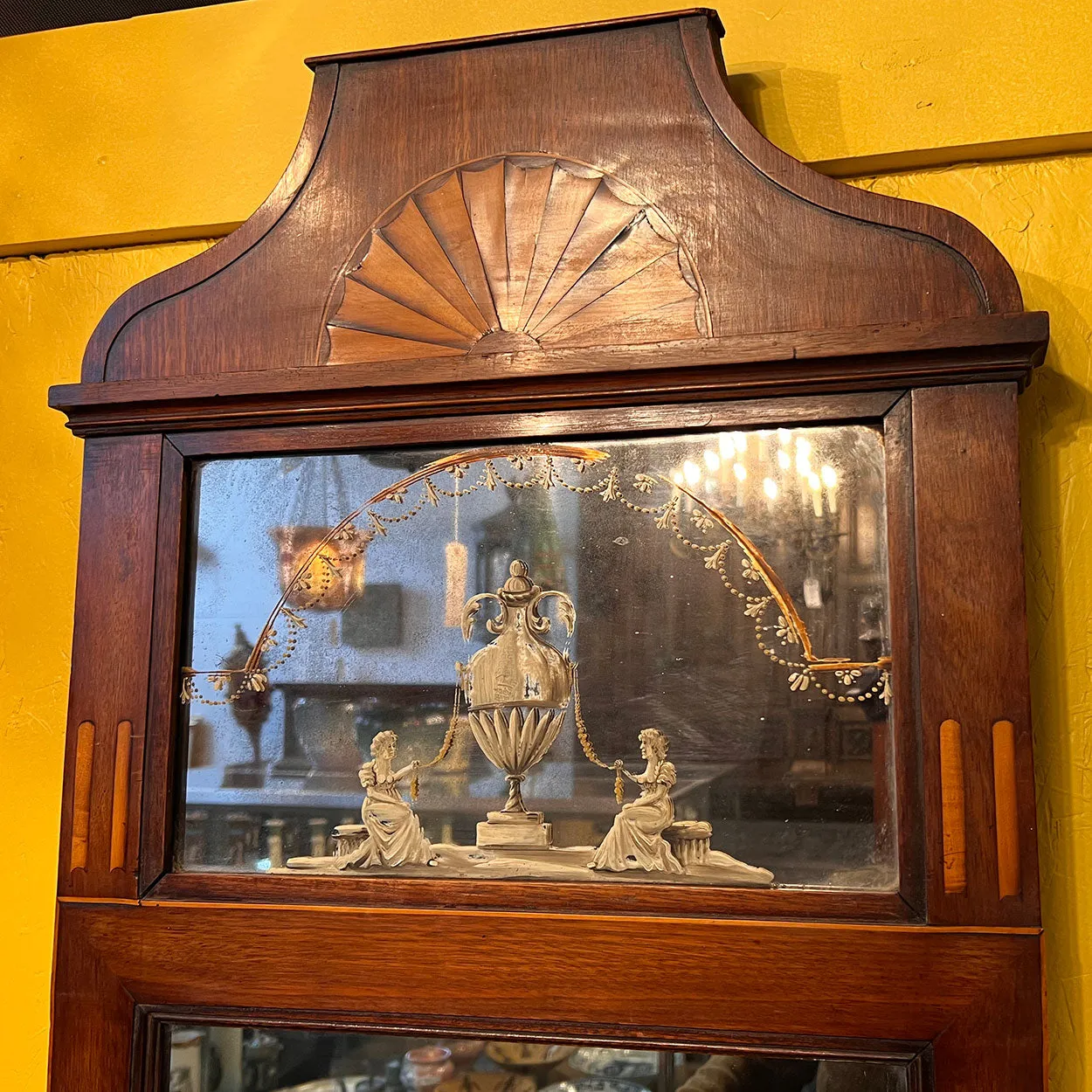 Danish Neoclassical Parquetry Mahogany Pier Mirror with Brass Sconces