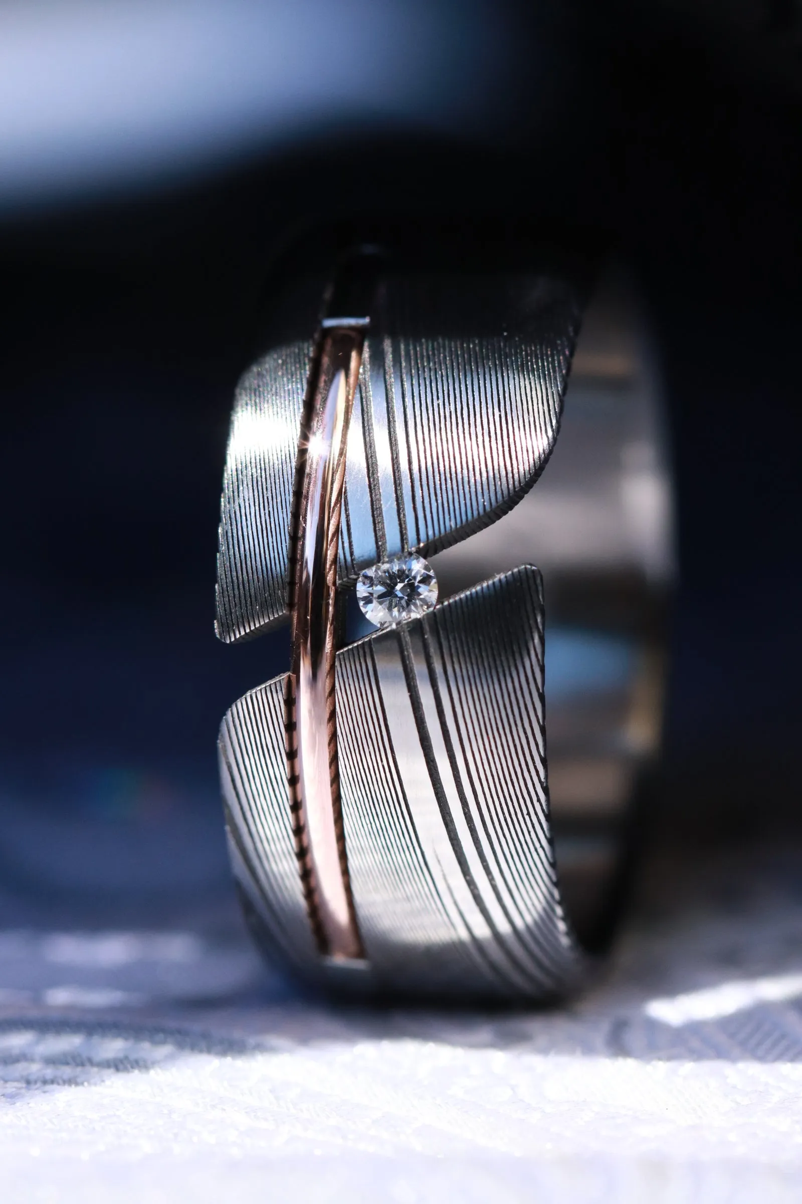 Diamond damascus gold Hybrid ring, diamond tension setting, 14k gold inlay, damasteel band