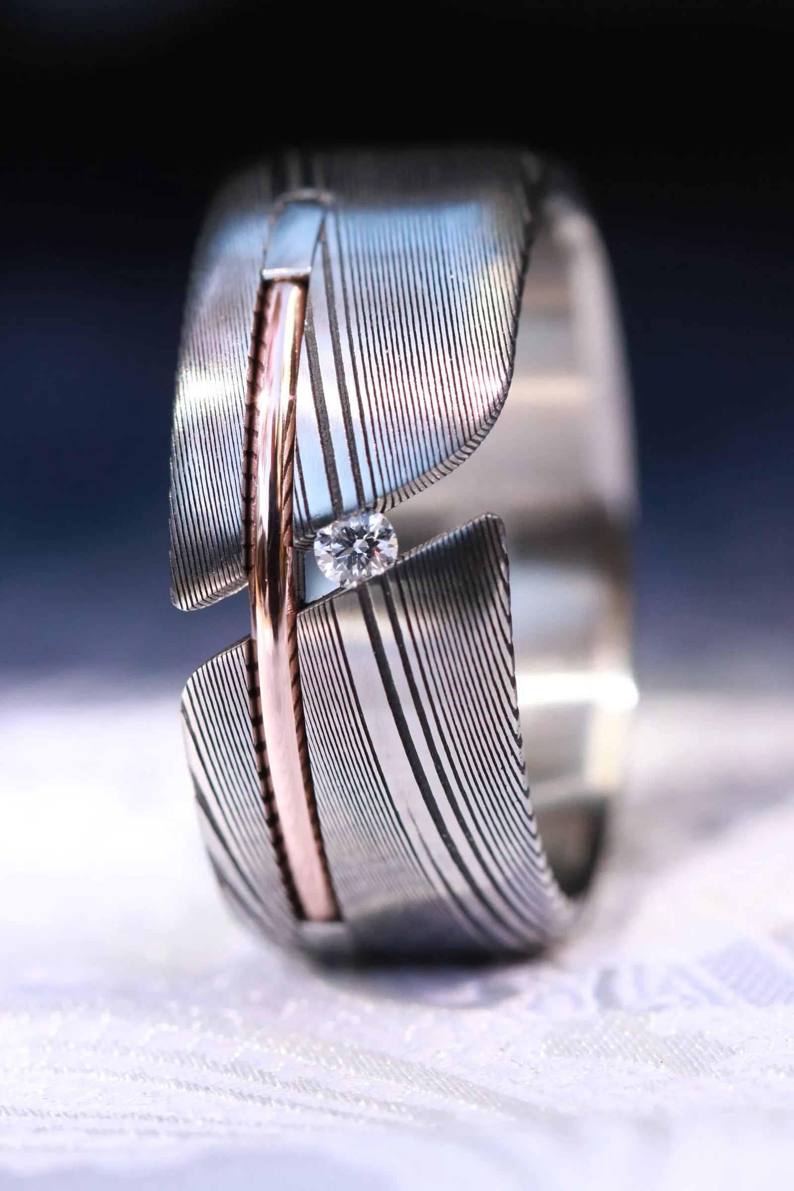 Diamond damascus gold Hybrid ring, diamond tension setting, 14k gold inlay, damasteel band