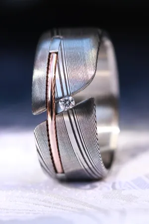 Diamond damascus gold Hybrid ring, diamond tension setting, 14k gold inlay, damasteel band
