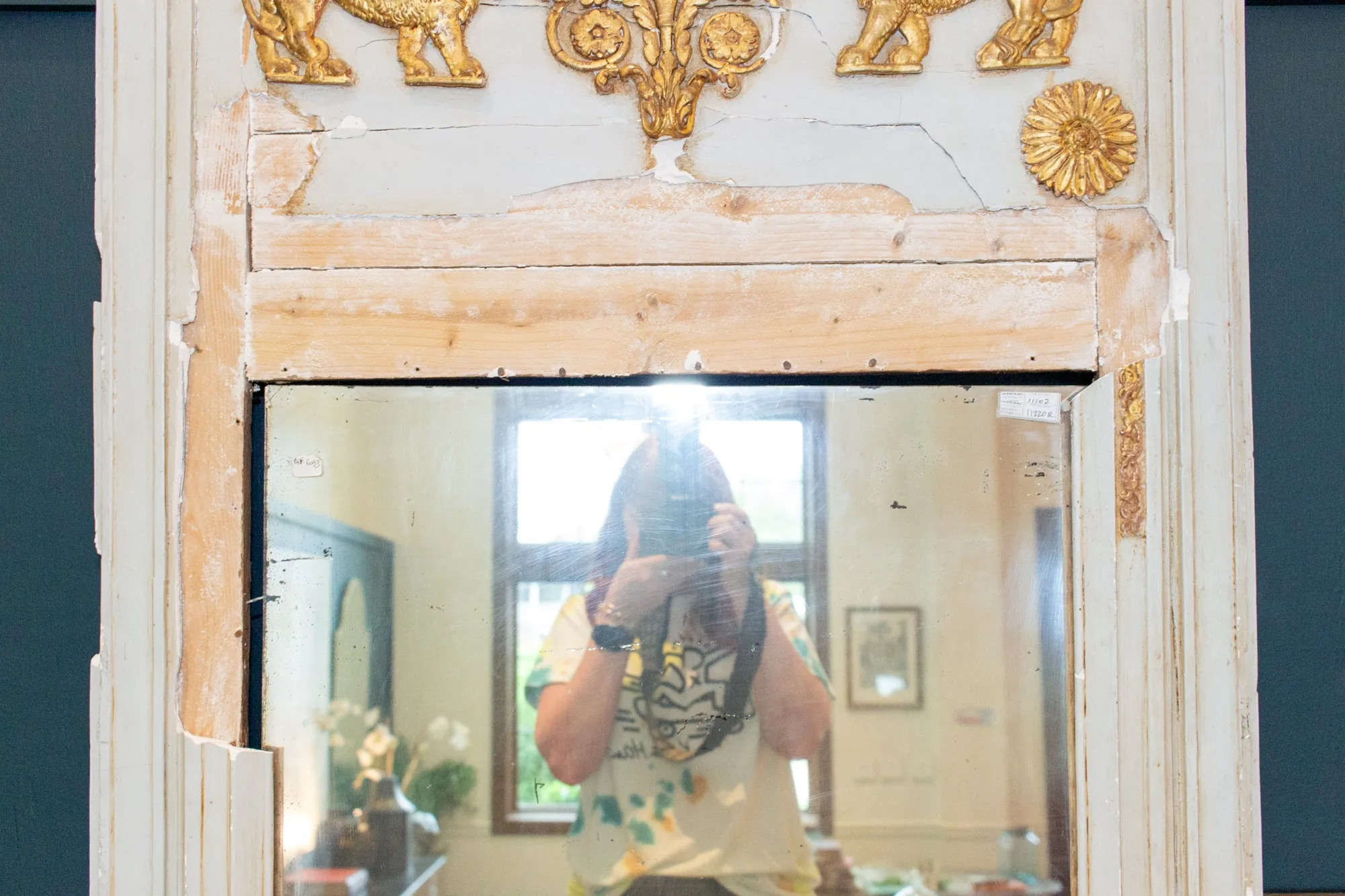 Distressed Antique French Pale Blue & Gilt Trumeau Mirror