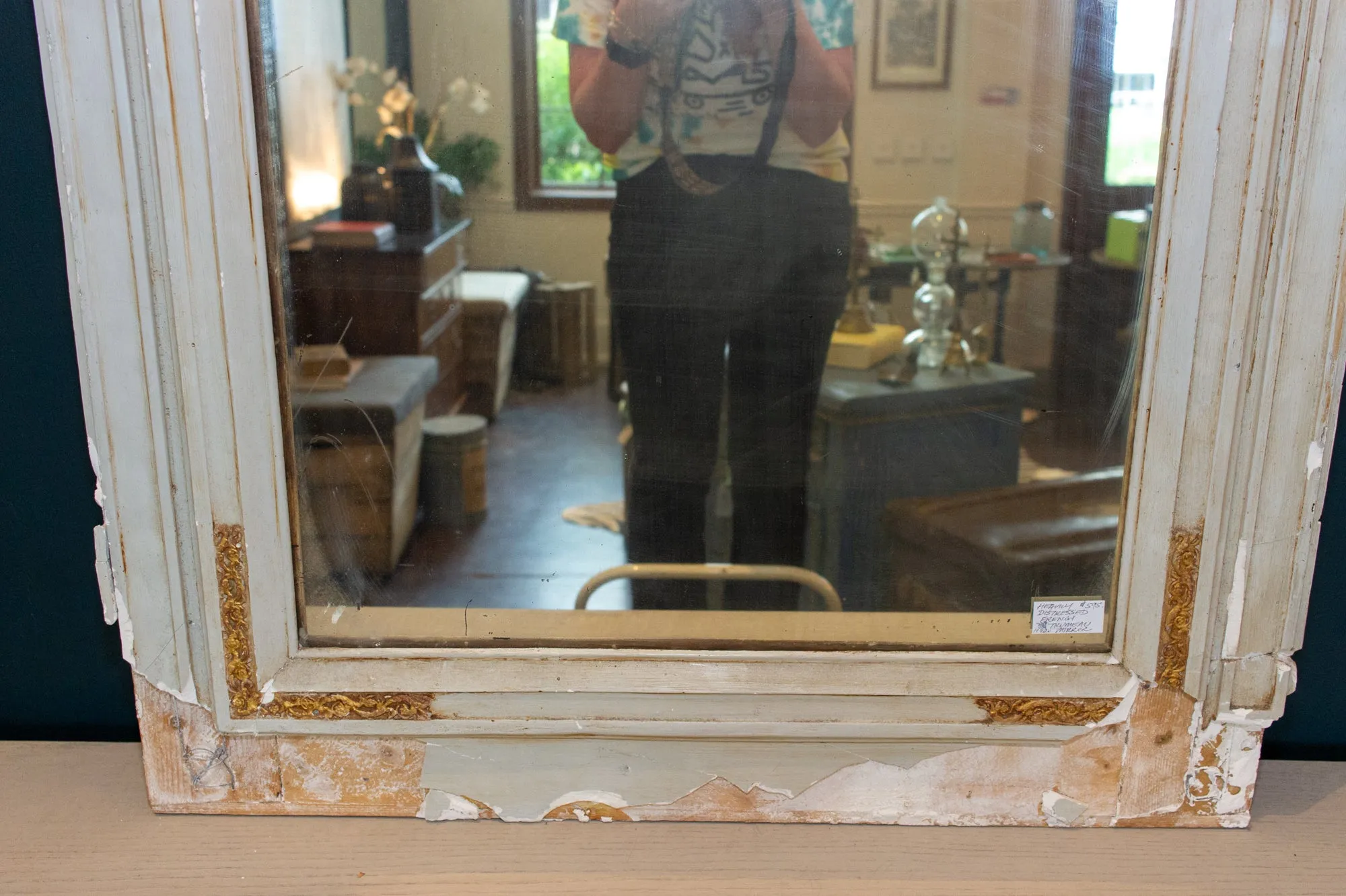 Distressed Antique French Pale Blue & Gilt Trumeau Mirror