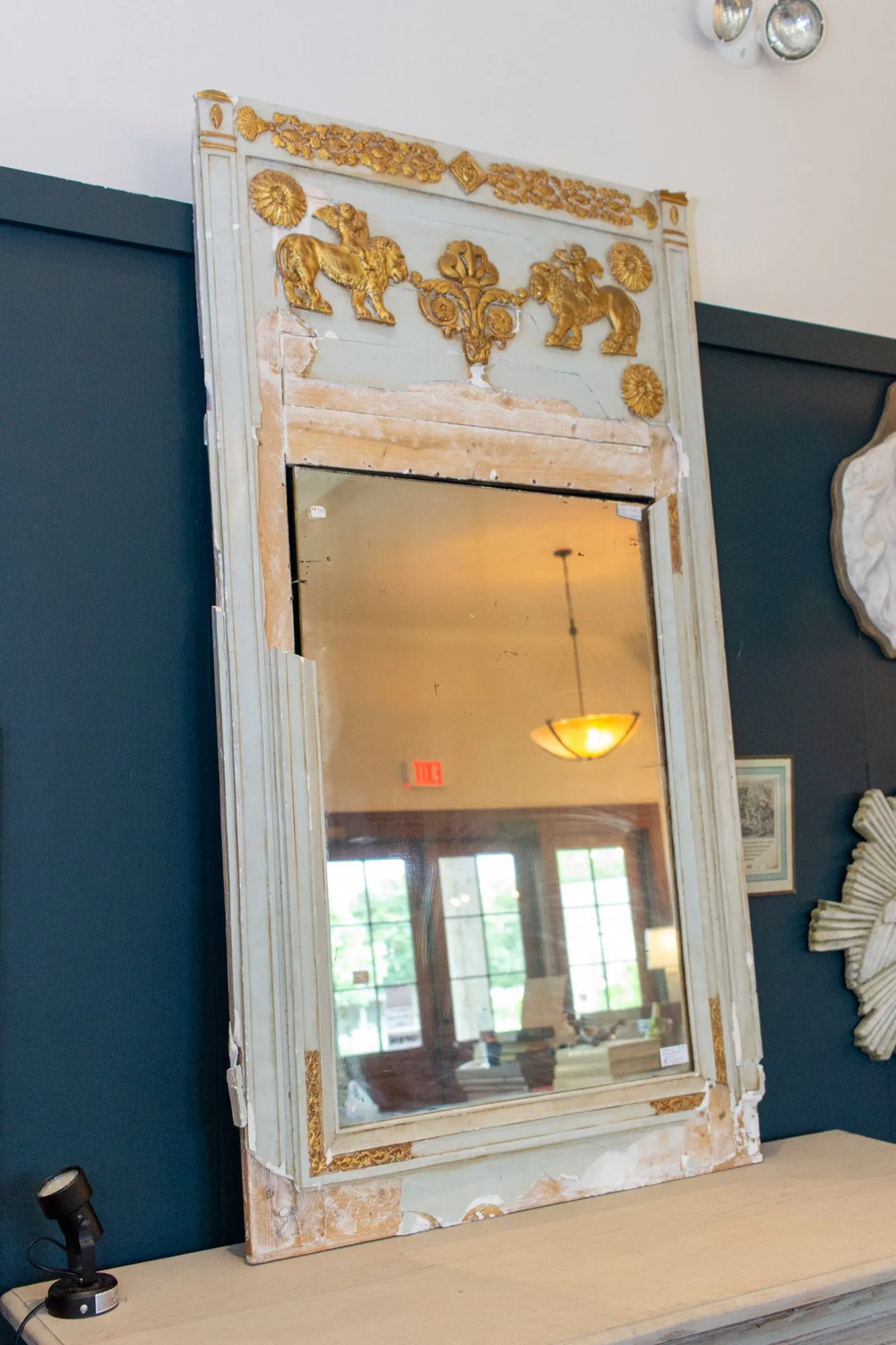 Distressed Antique French Pale Blue & Gilt Trumeau Mirror