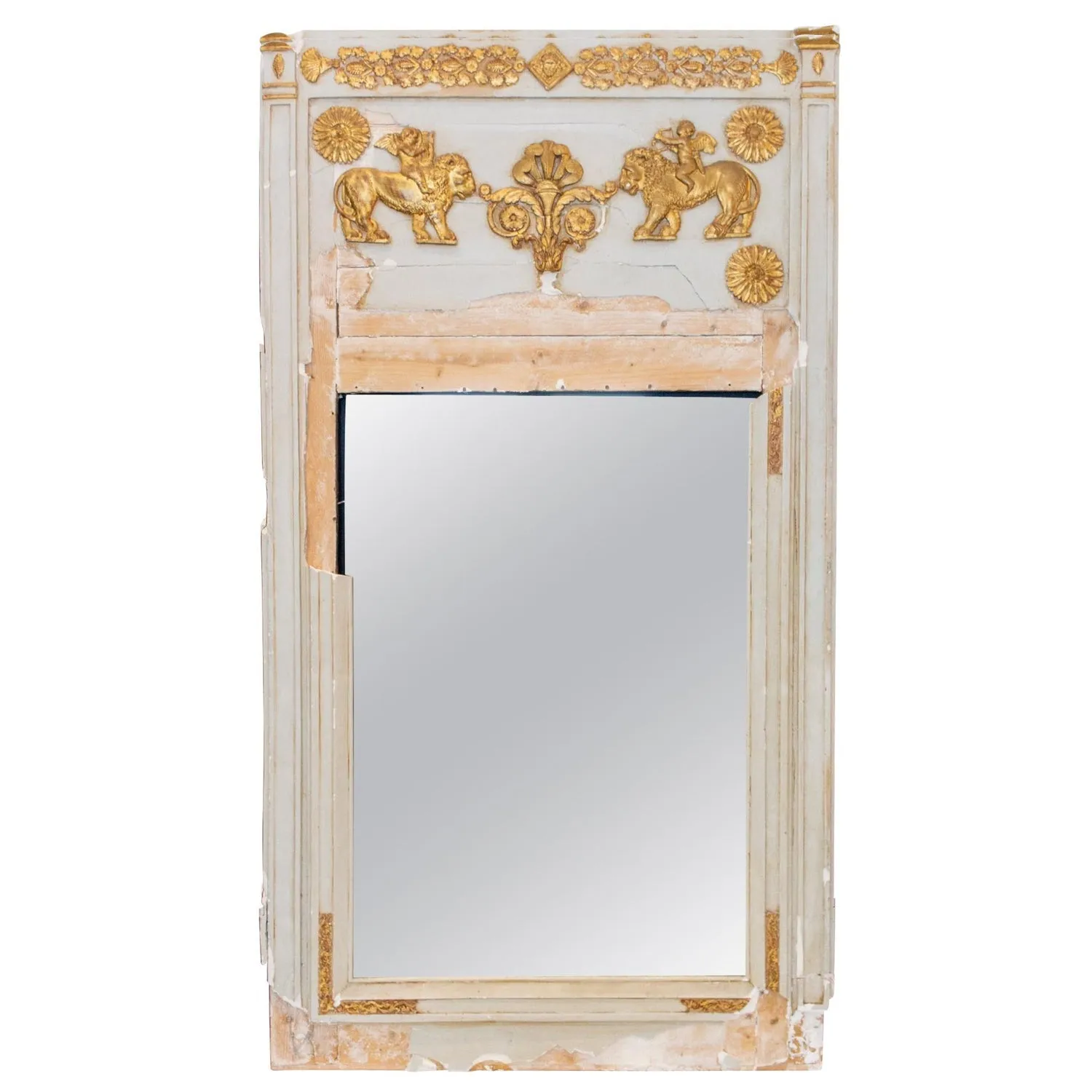 Distressed Antique French Pale Blue & Gilt Trumeau Mirror