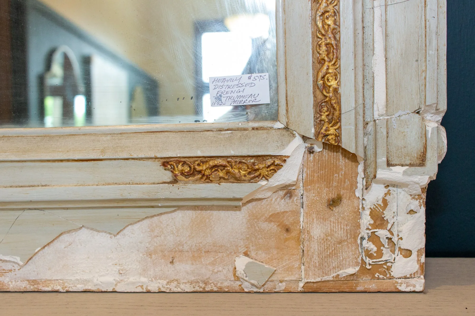 Distressed Antique French Pale Blue & Gilt Trumeau Mirror