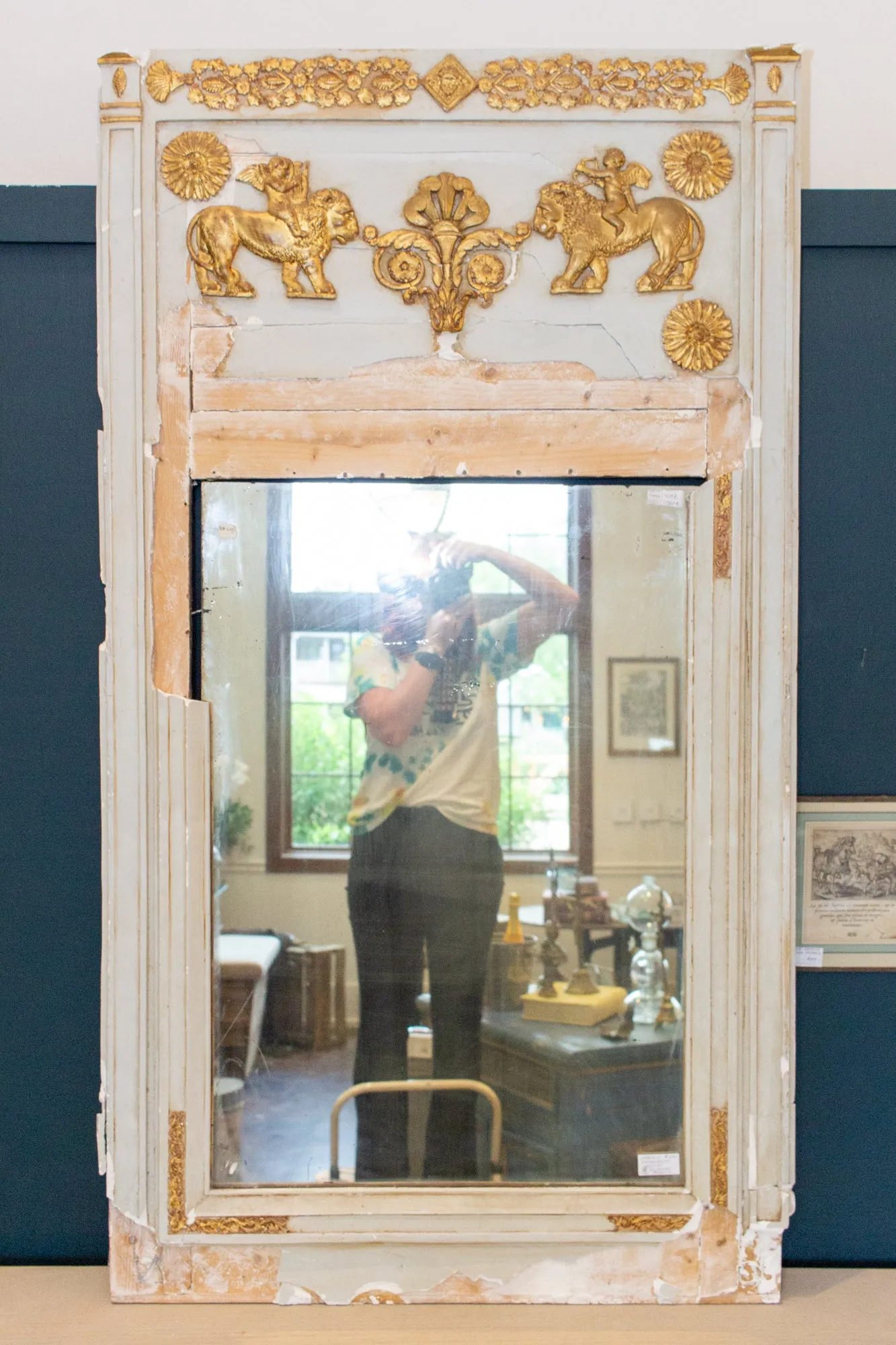 Distressed Antique French Pale Blue & Gilt Trumeau Mirror
