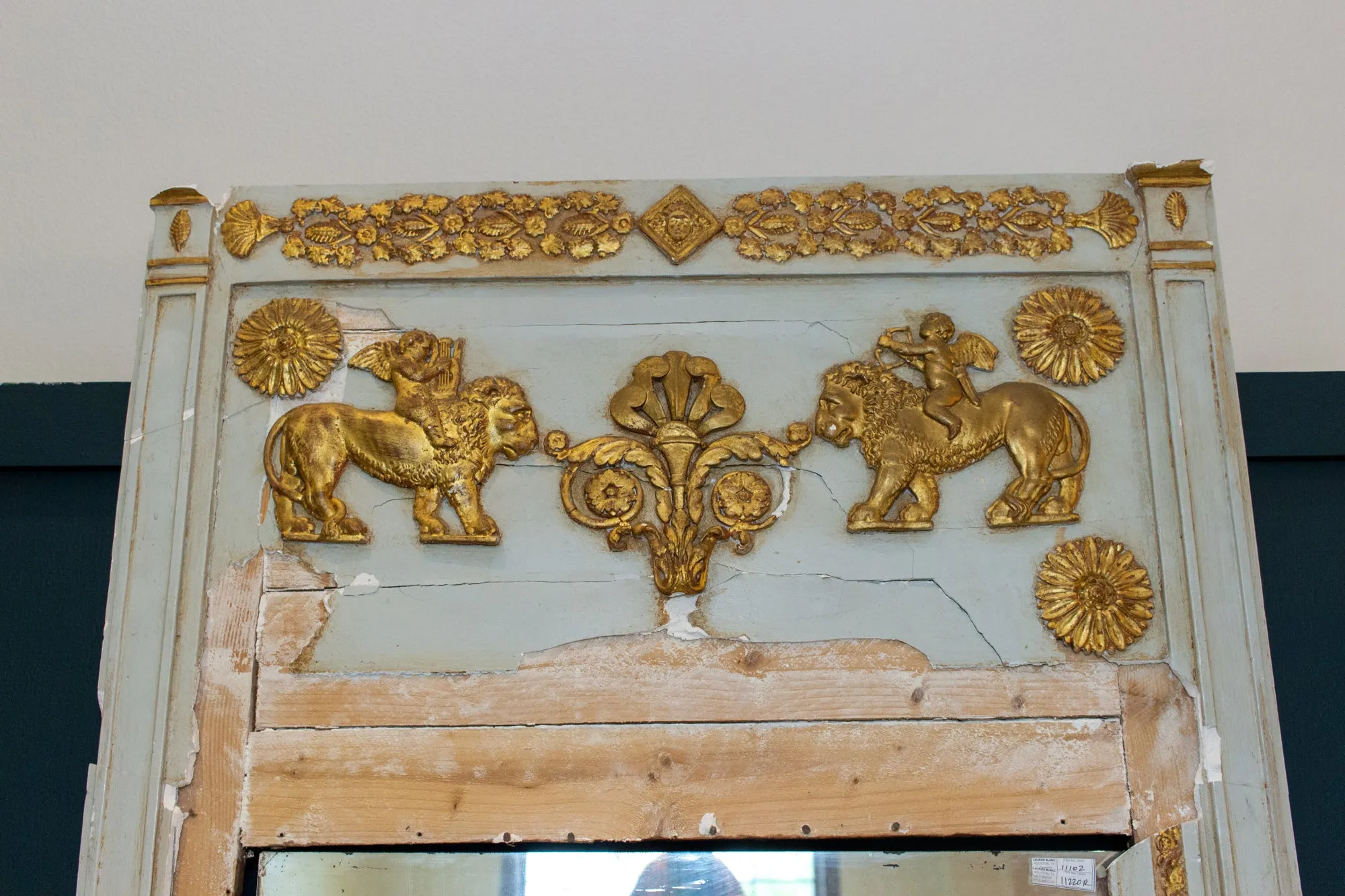 Distressed Antique French Pale Blue & Gilt Trumeau Mirror