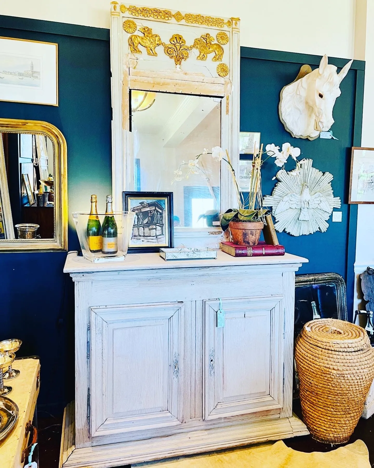 Distressed Antique French Pale Blue & Gilt Trumeau Mirror
