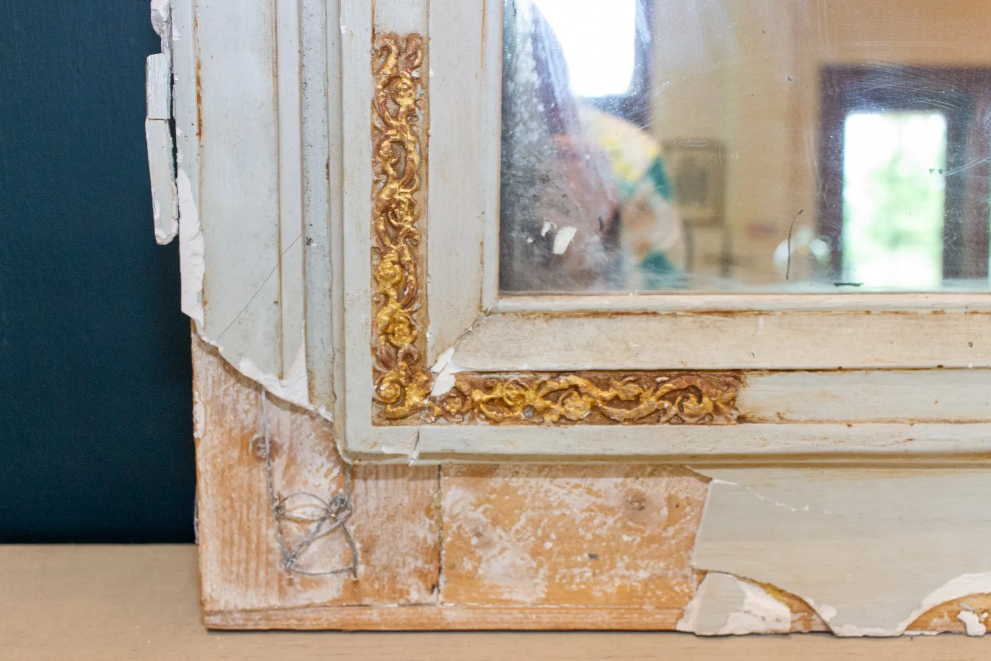 Distressed Antique French Pale Blue & Gilt Trumeau Mirror