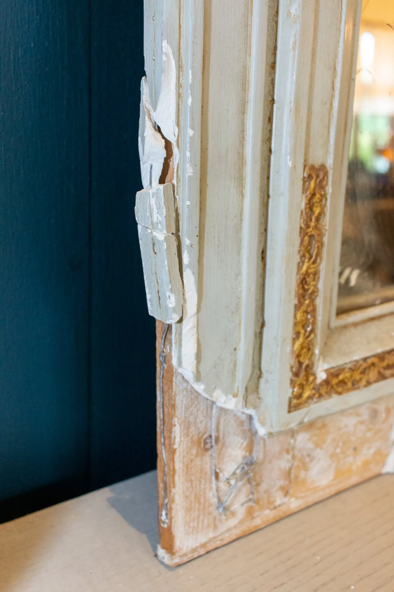 Distressed Antique French Pale Blue & Gilt Trumeau Mirror