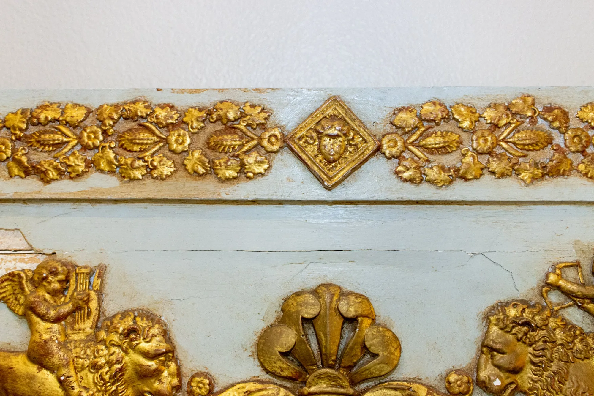 Distressed Antique French Pale Blue & Gilt Trumeau Mirror