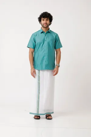 Divine - Light Green Matching Shirt and Single Dhoti Set For Men | Uathayam