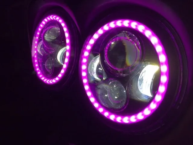 DUAL 7" DAYMAKER 2014 - 2018   PINK HALO LED Replacement ROAD GLIDE Black Light Bulb Headlight Harley   Bezel
