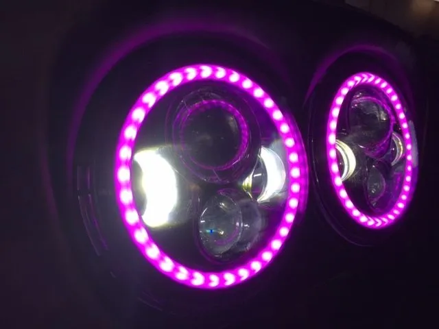 DUAL 7" DAYMAKER 2014 - 2018   PINK HALO LED Replacement ROAD GLIDE Black Light Bulb Headlight Harley   Bezel