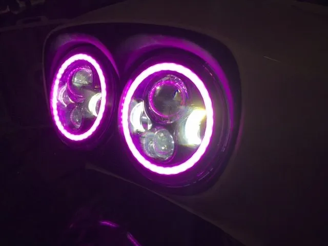 DUAL 7" DAYMAKER 2014 - 2018   PINK HALO LED Replacement ROAD GLIDE Black Light Bulb Headlight Harley   Bezel
