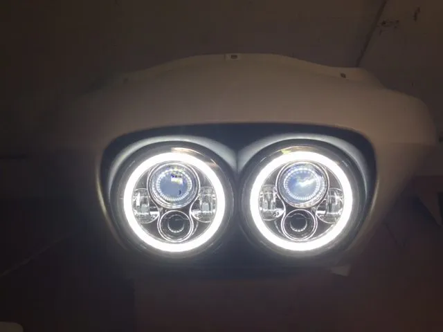 DUAL 7" DAYMAKER 2014 - 2018   WHITE HALO LED Replacement ROAD GLIDE Chrome Light Bulb Headlight Harley   Bezel