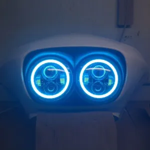 DUAL 7" DAYMAKER BLUE HALO LED Replacement ROAD GLIDE Chrome Light Bulb Headlight Motorcycle Harley   Bezel