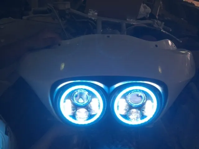DUAL 7" DAYMAKER BLUE HALO LED Replacement ROAD GLIDE Chrome Light Bulb Headlight Motorcycle Harley   Bezel