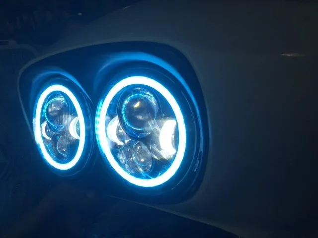 DUAL 7" DAYMAKER BLUE HALO LED Replacement ROAD GLIDE Chrome Light Bulb Headlight Motorcycle Harley   Bezel