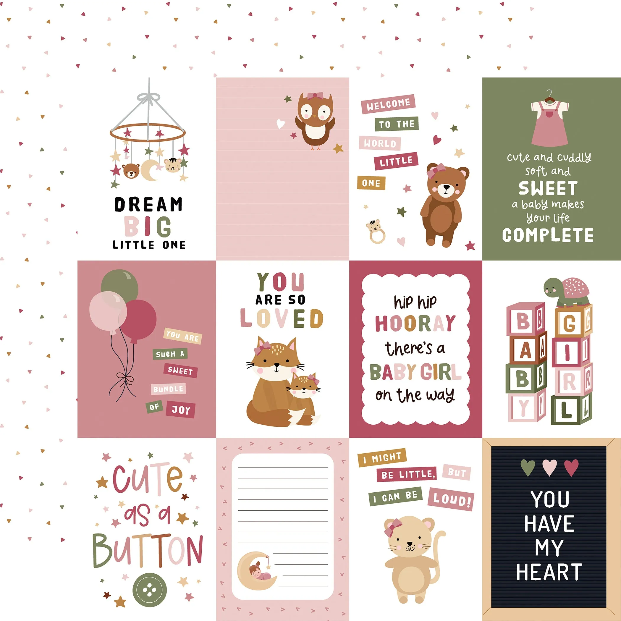 Echo Park - Special Delivery Baby Girl - 12x12 Single Sheet / 3x4 Journaling Cards