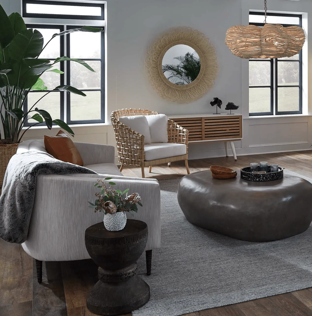 Eliza White Cane Round Mirror