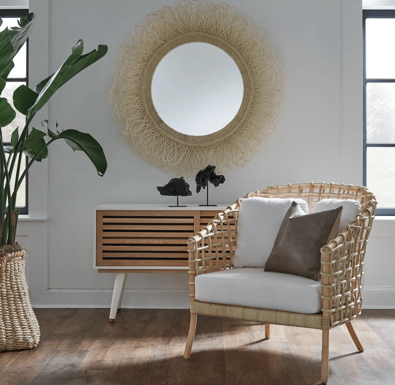 Eliza White Cane Round Mirror