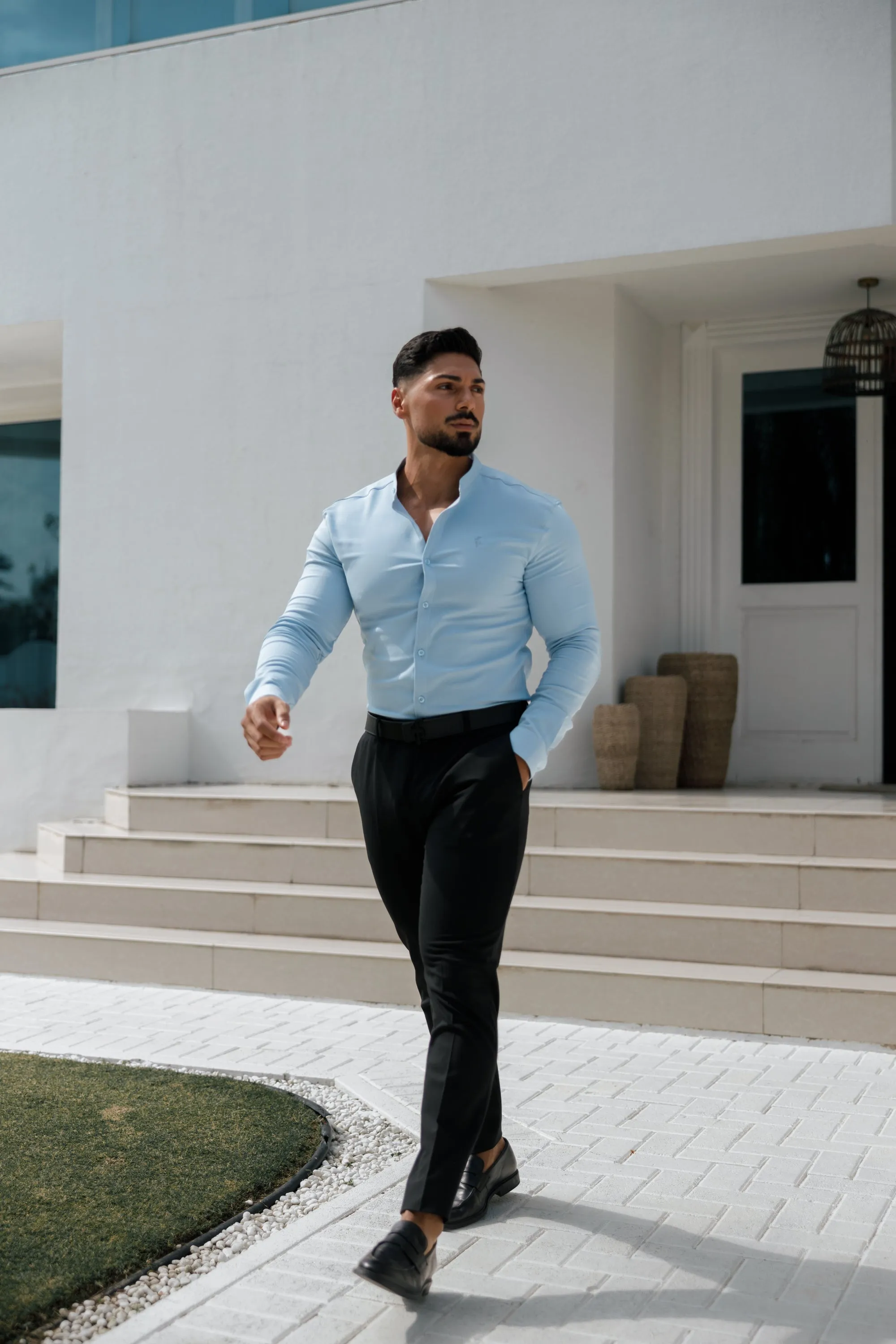 Father Sons Super Slim Scuba Light Blue Long Sleeve Stretch With Grandad Collar - FS1002