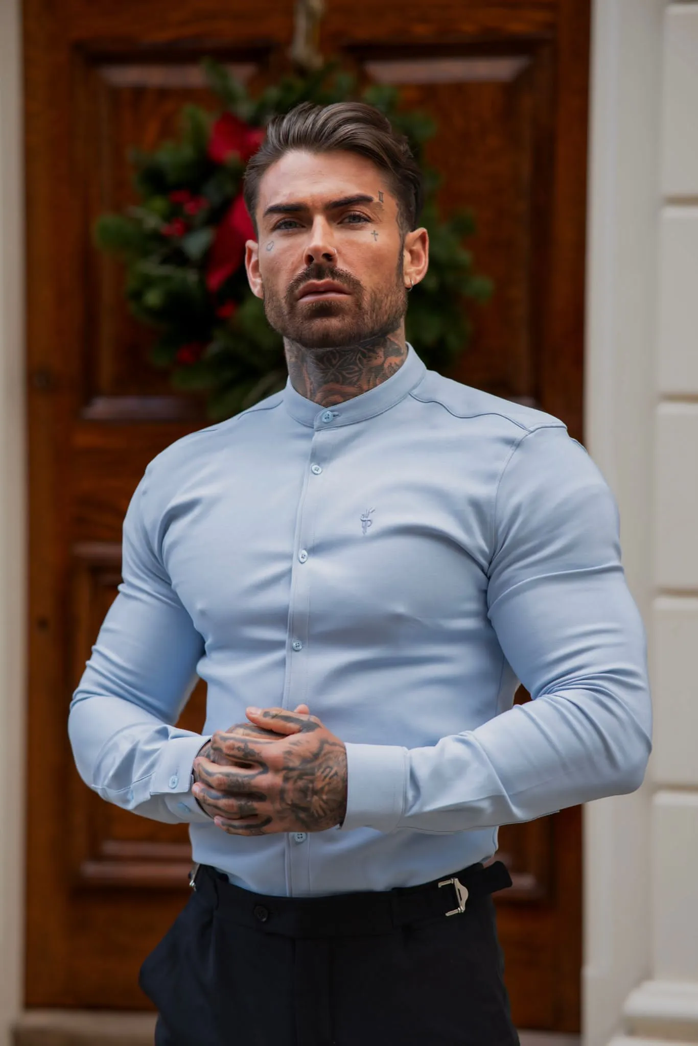 Father Sons Super Slim Scuba Light Blue Long Sleeve Stretch With Grandad Collar - FS1002