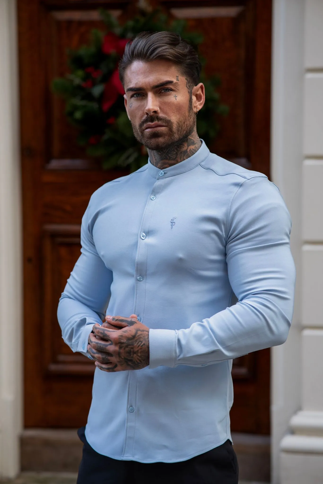 Father Sons Super Slim Scuba Light Blue Long Sleeve Stretch With Grandad Collar - FS1002