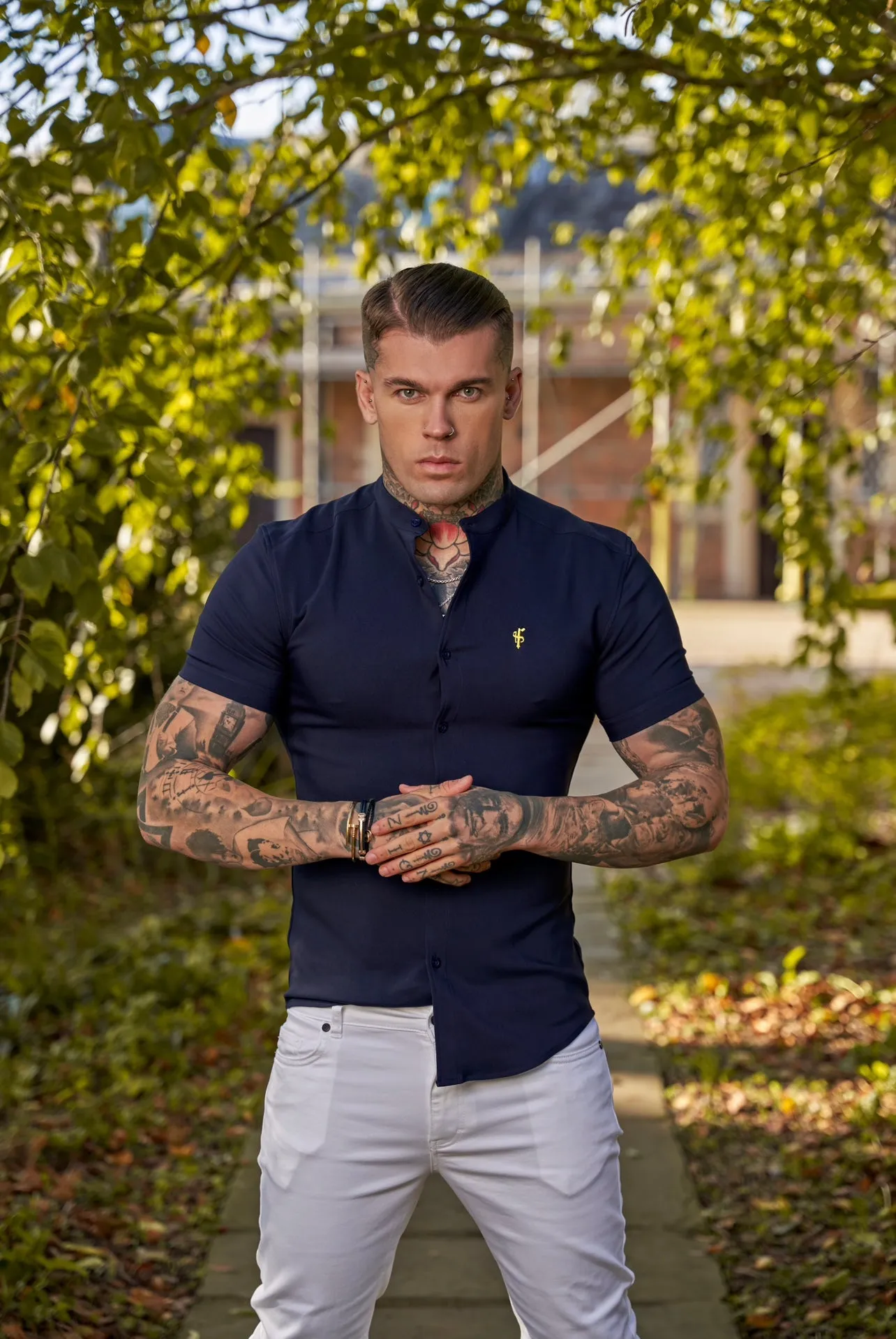 Father Sons Super Slim Scuba Navy Short Sleeve Stretch With Grandad Collar - FS933