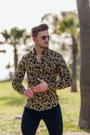 Father Sons Super Slim Stretch Black / Gold Scroll Print Long Sleeve with Button Down Collar - FS808