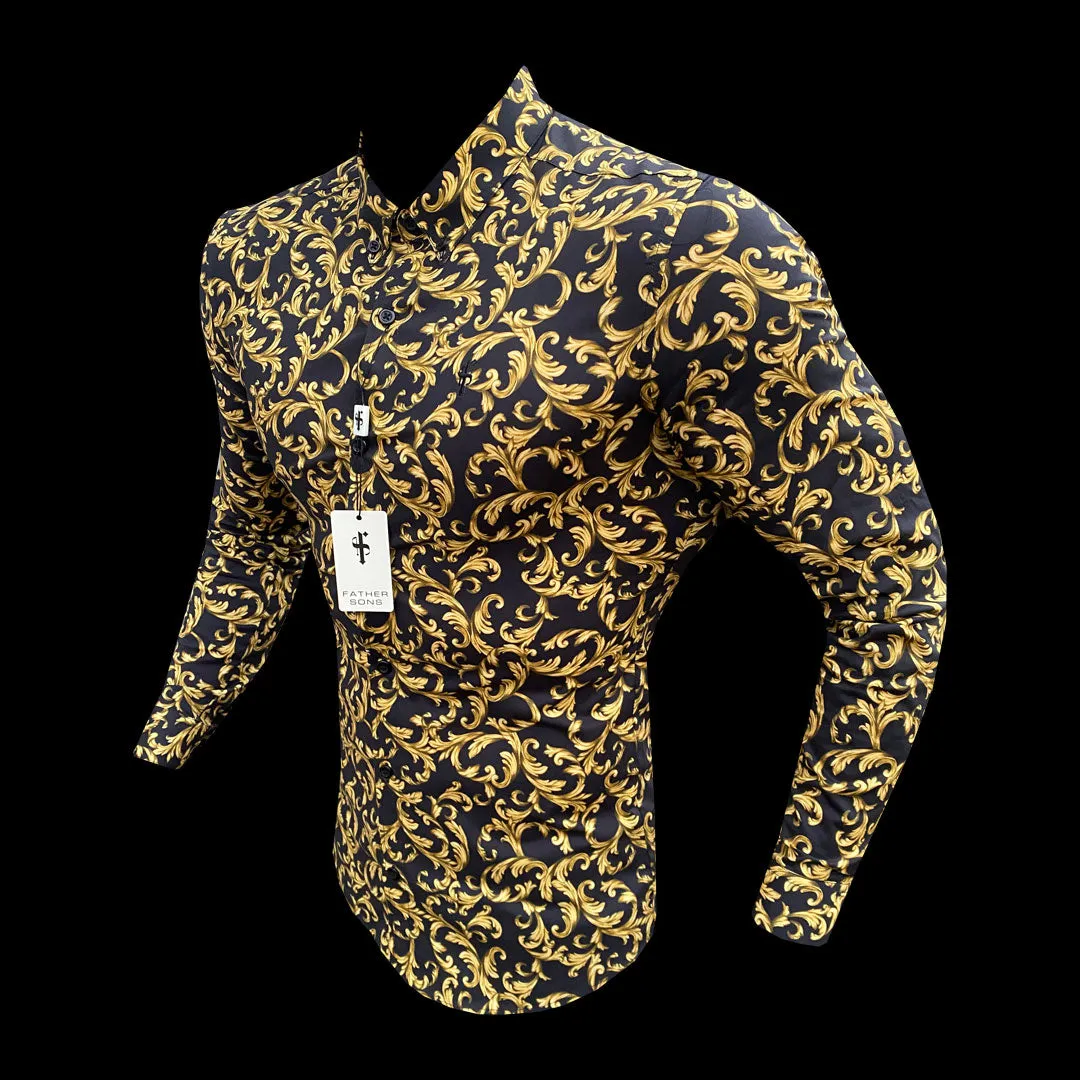Father Sons Super Slim Stretch Black / Gold Scroll Print Long Sleeve with Button Down Collar - FS808