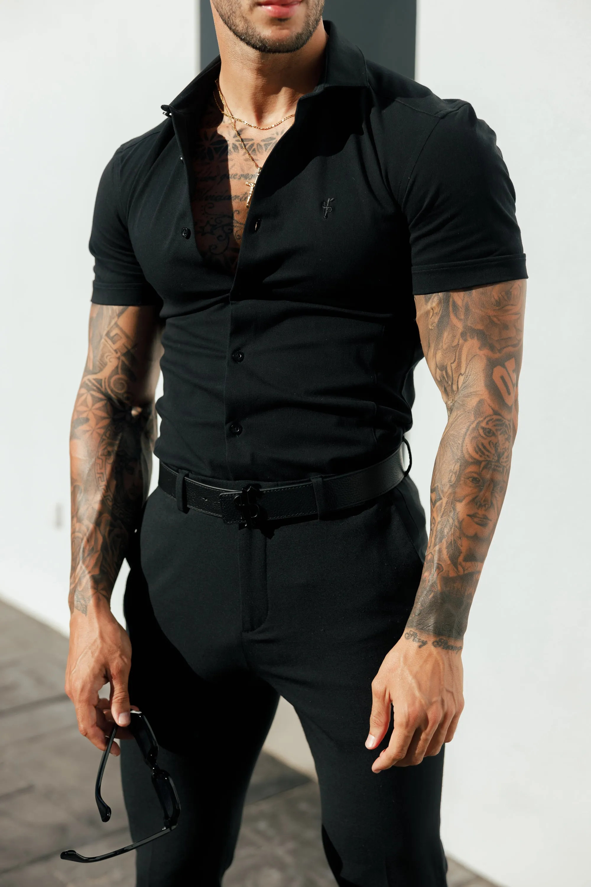 Father Sons Super Slim Stretch Black Side Panel Shirt SS - FS1088