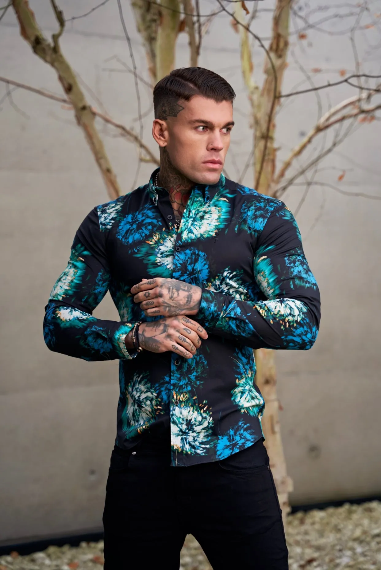 Father Sons Super Slim Stretch Black with Blue / Green Blurred Flower Print Long Sleeve with Button Down Collar - FS846