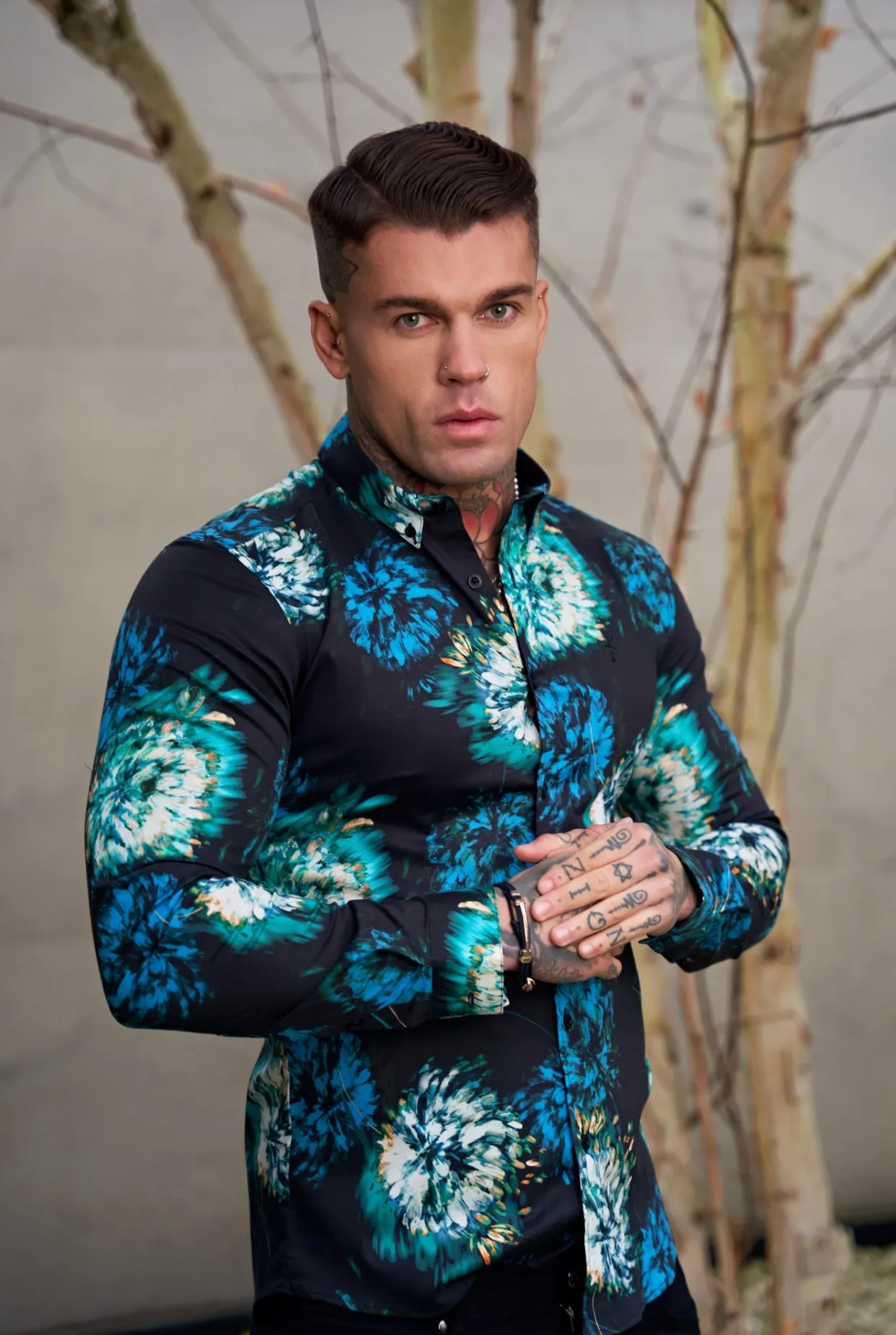 Father Sons Super Slim Stretch Black with Blue / Green Blurred Flower Print Long Sleeve with Button Down Collar - FS846