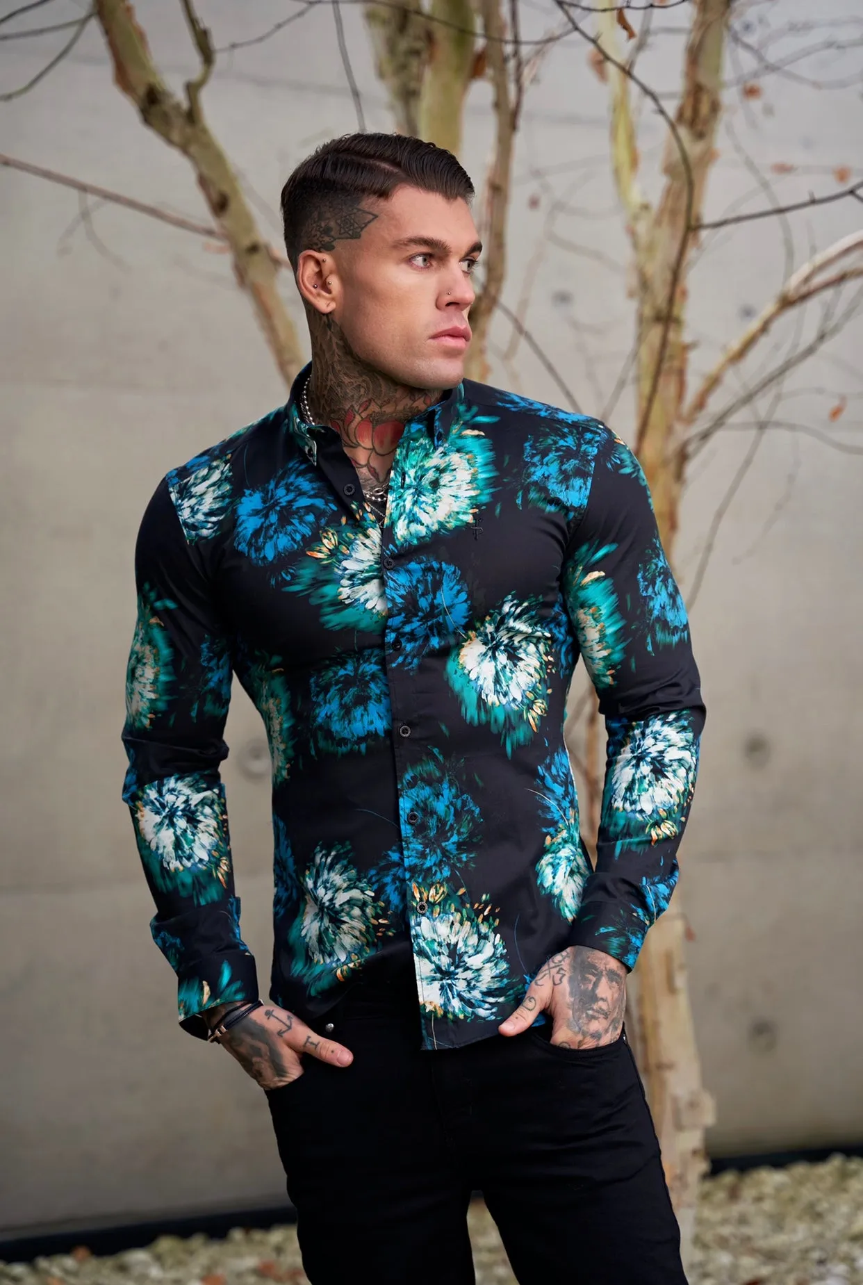 Father Sons Super Slim Stretch Black with Blue / Green Blurred Flower Print Long Sleeve with Button Down Collar - FS846