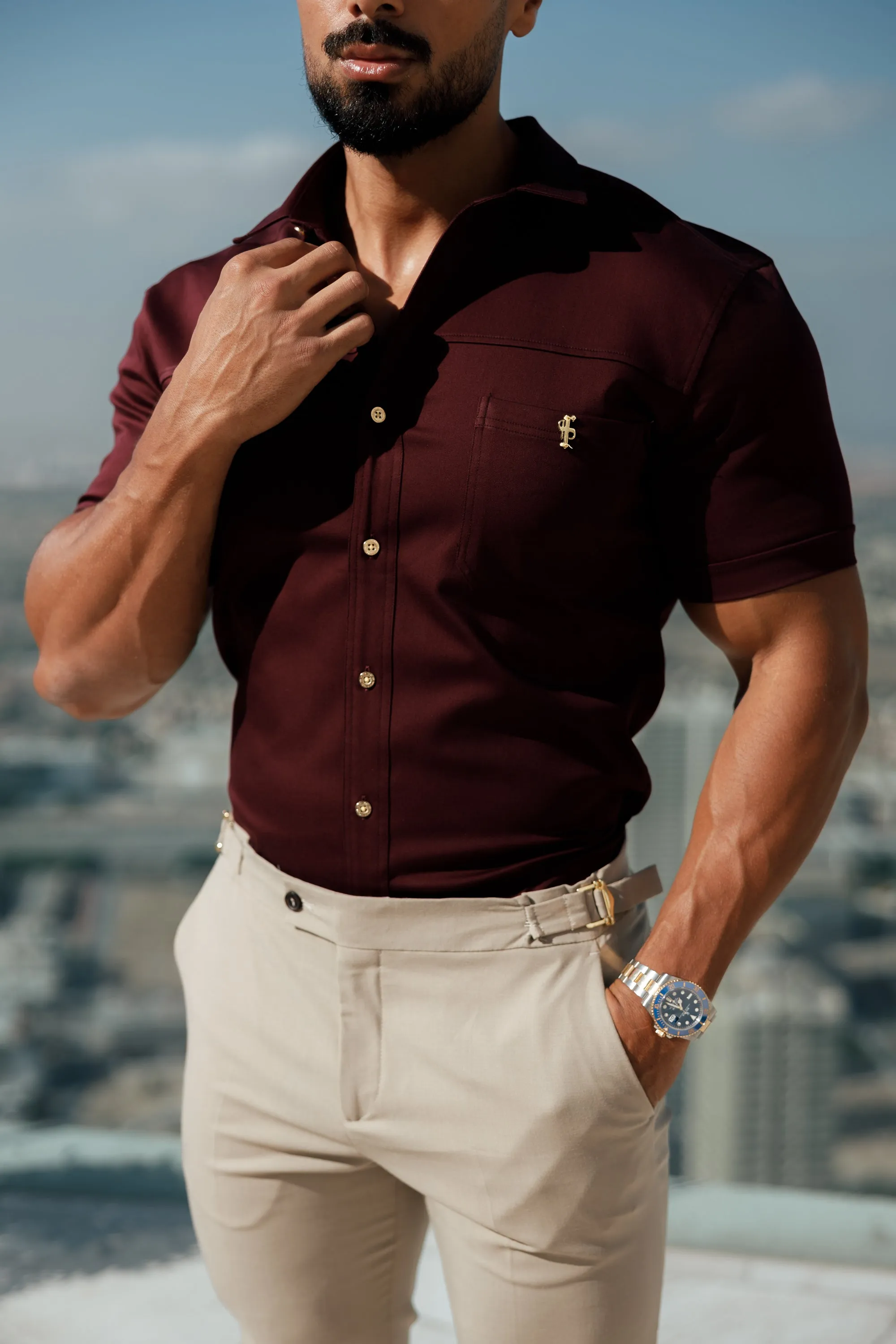 Father Sons Super Slim Stretch Burgundy Denim Short Sleeve with Horizontal Seam and Pocket- FS961