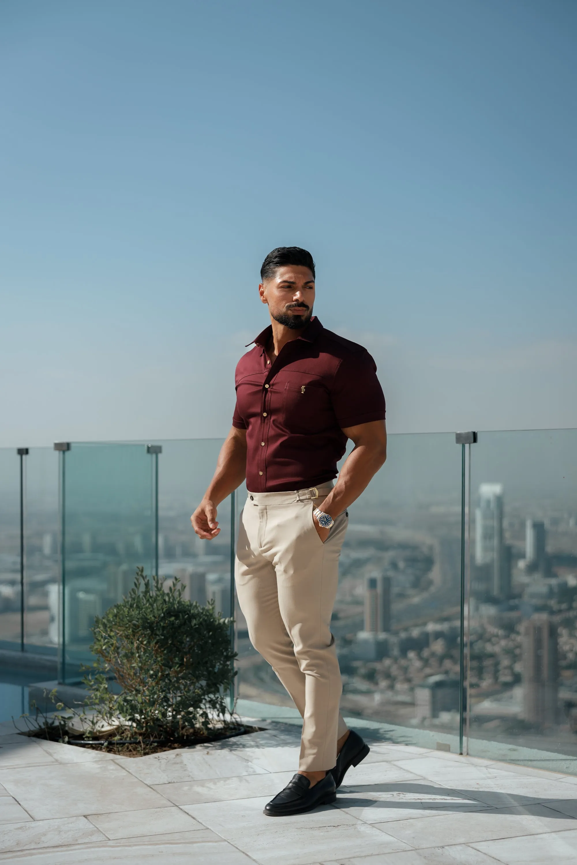 Father Sons Super Slim Stretch Burgundy Denim Short Sleeve with Horizontal Seam and Pocket- FS961