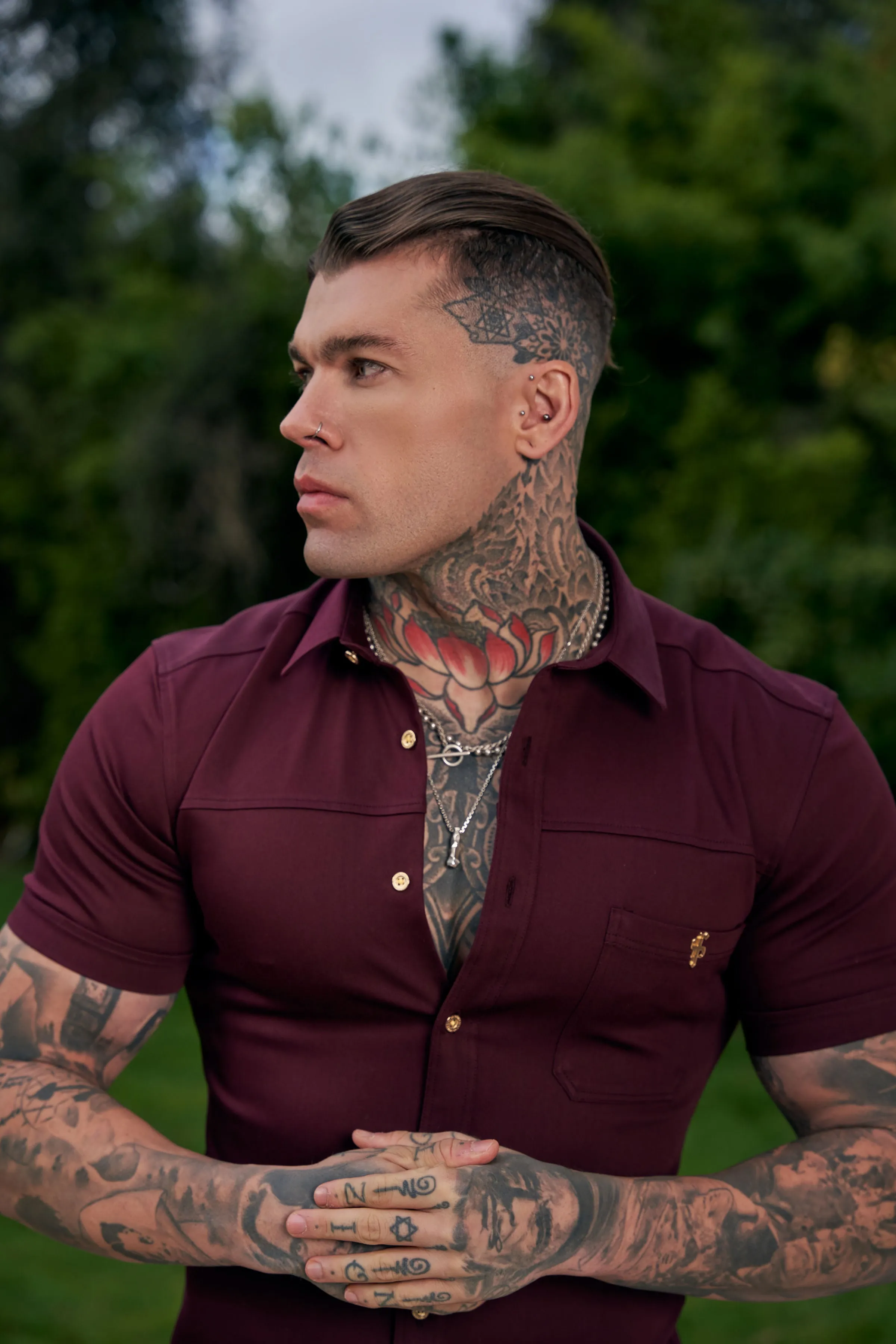 Father Sons Super Slim Stretch Burgundy Denim Short Sleeve with Horizontal Seam and Pocket- FS961