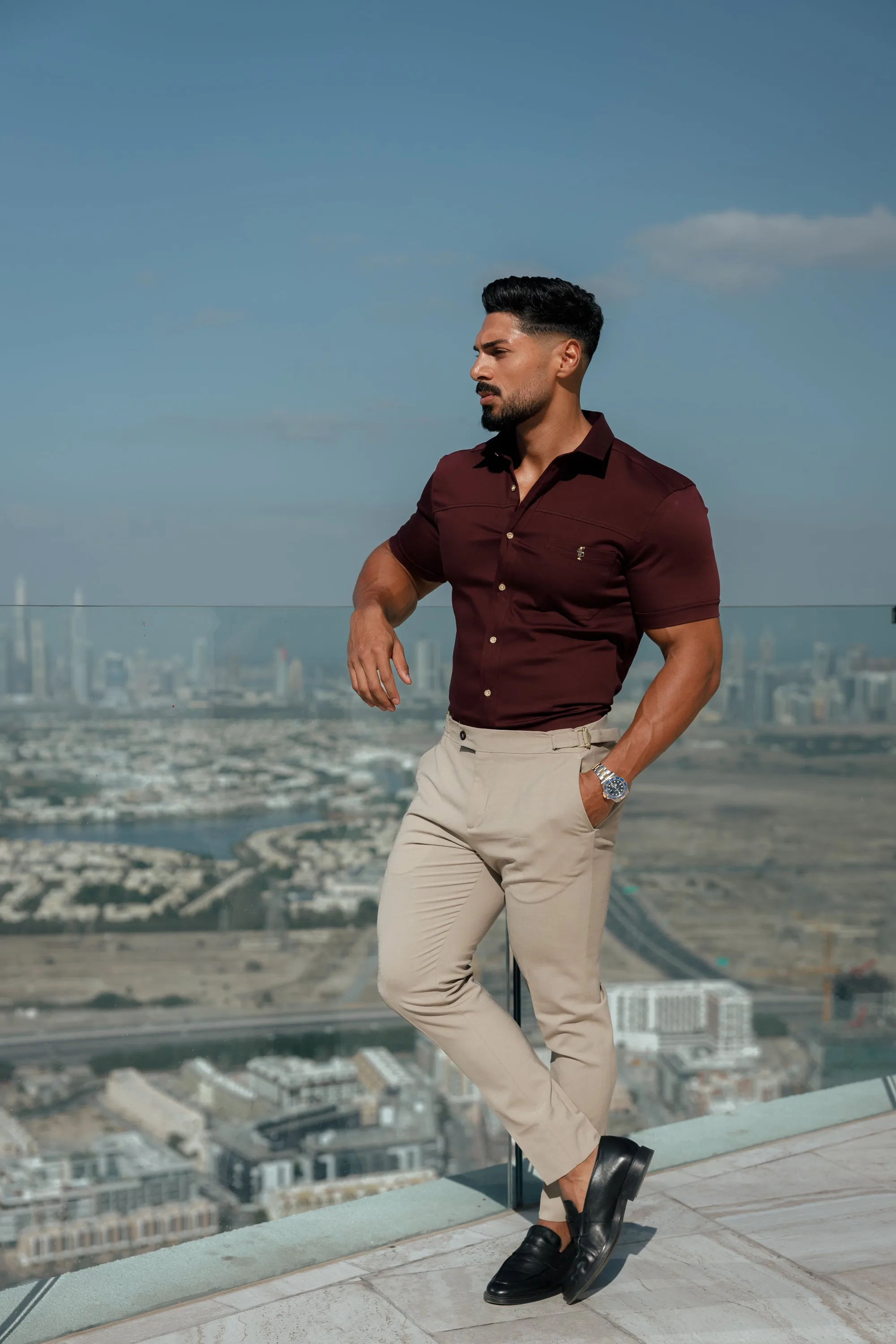 Father Sons Super Slim Stretch Burgundy Denim Short Sleeve with Horizontal Seam and Pocket- FS961