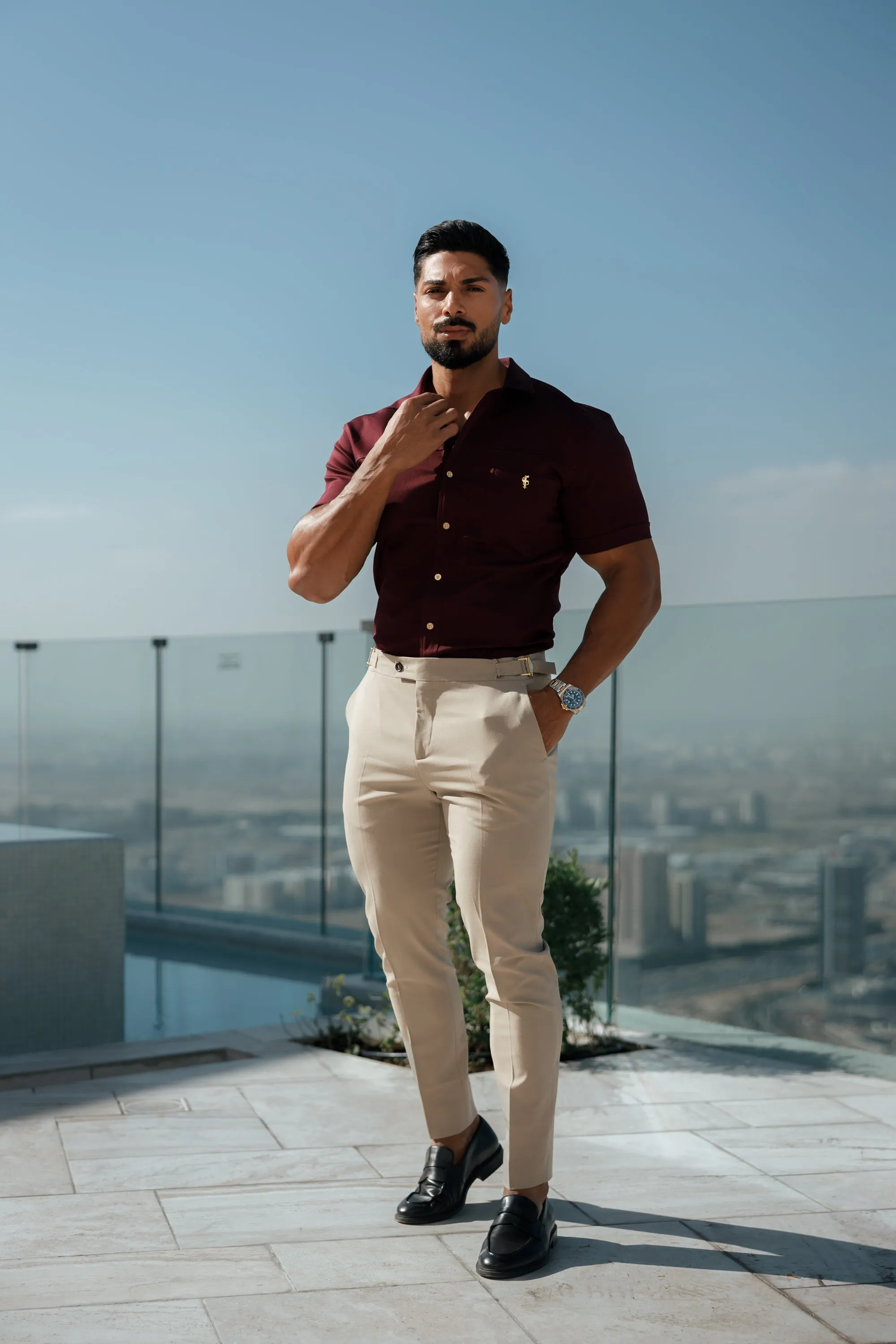 Father Sons Super Slim Stretch Burgundy Denim Short Sleeve with Horizontal Seam and Pocket- FS961