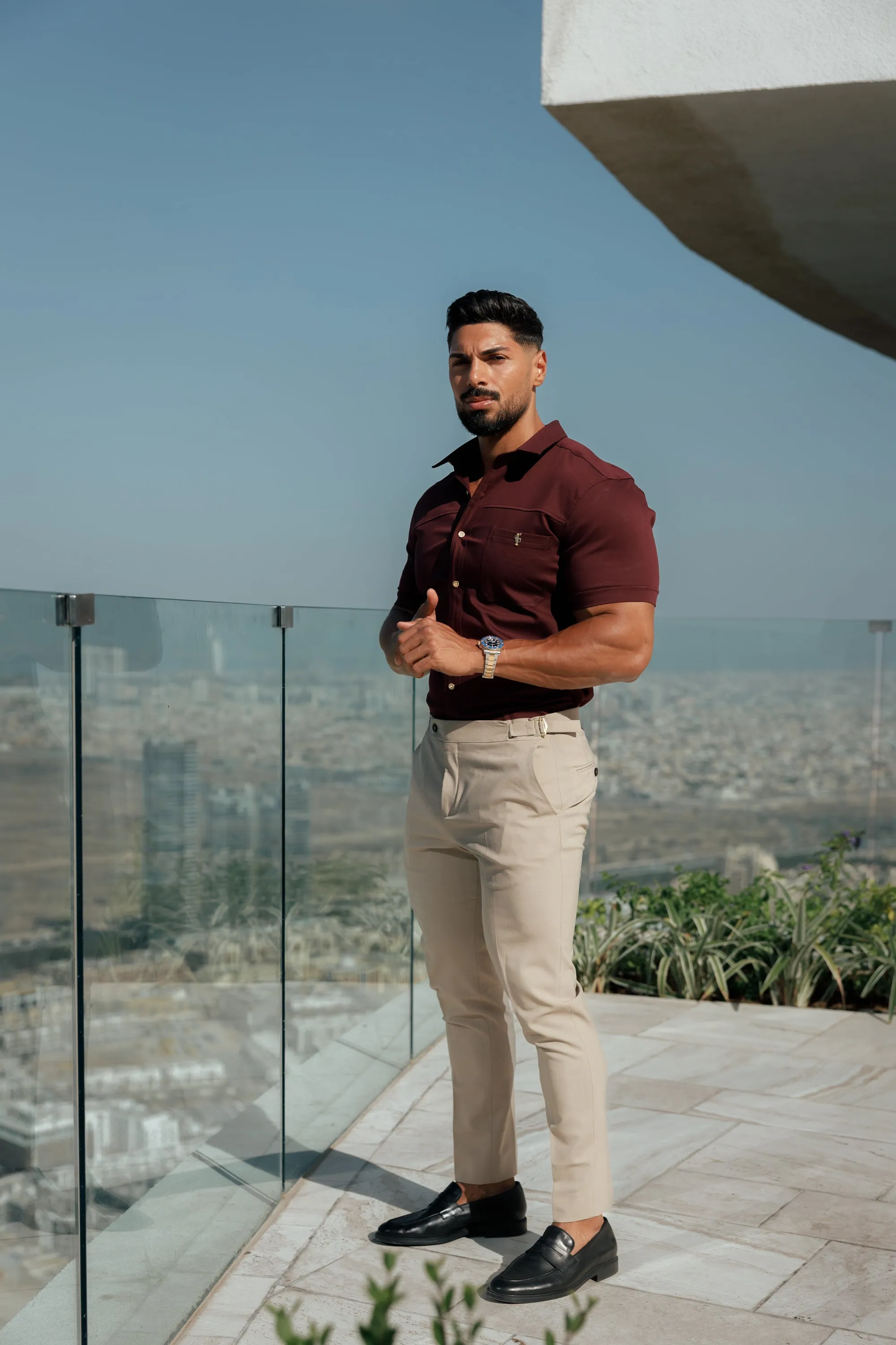 Father Sons Super Slim Stretch Burgundy Denim Short Sleeve with Horizontal Seam and Pocket- FS961
