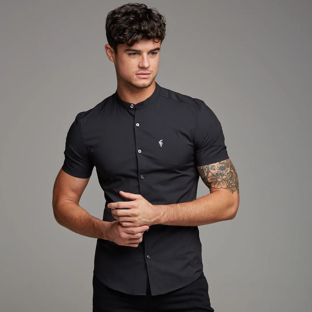 Father Sons Super Slim Stretch Classic Black Grandad Collar Short Sleeve - FS173
