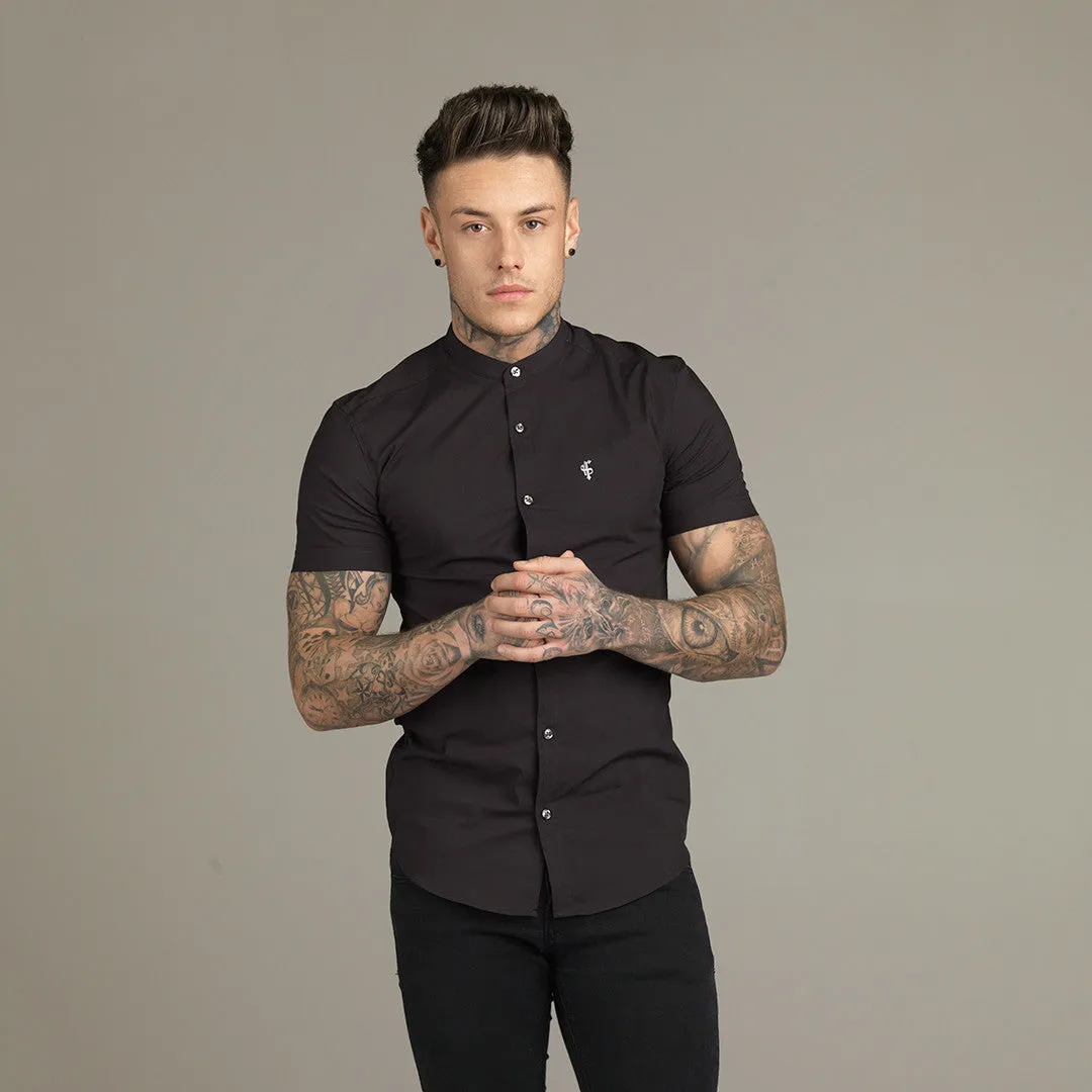 Father Sons Super Slim Stretch Classic Black Grandad Collar Short Sleeve - FS173