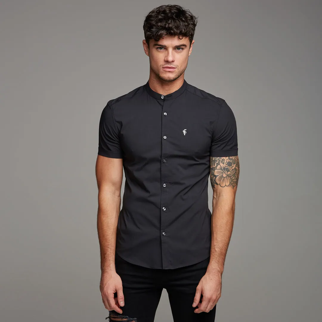 Father Sons Super Slim Stretch Classic Black Grandad Collar Short Sleeve - FS173