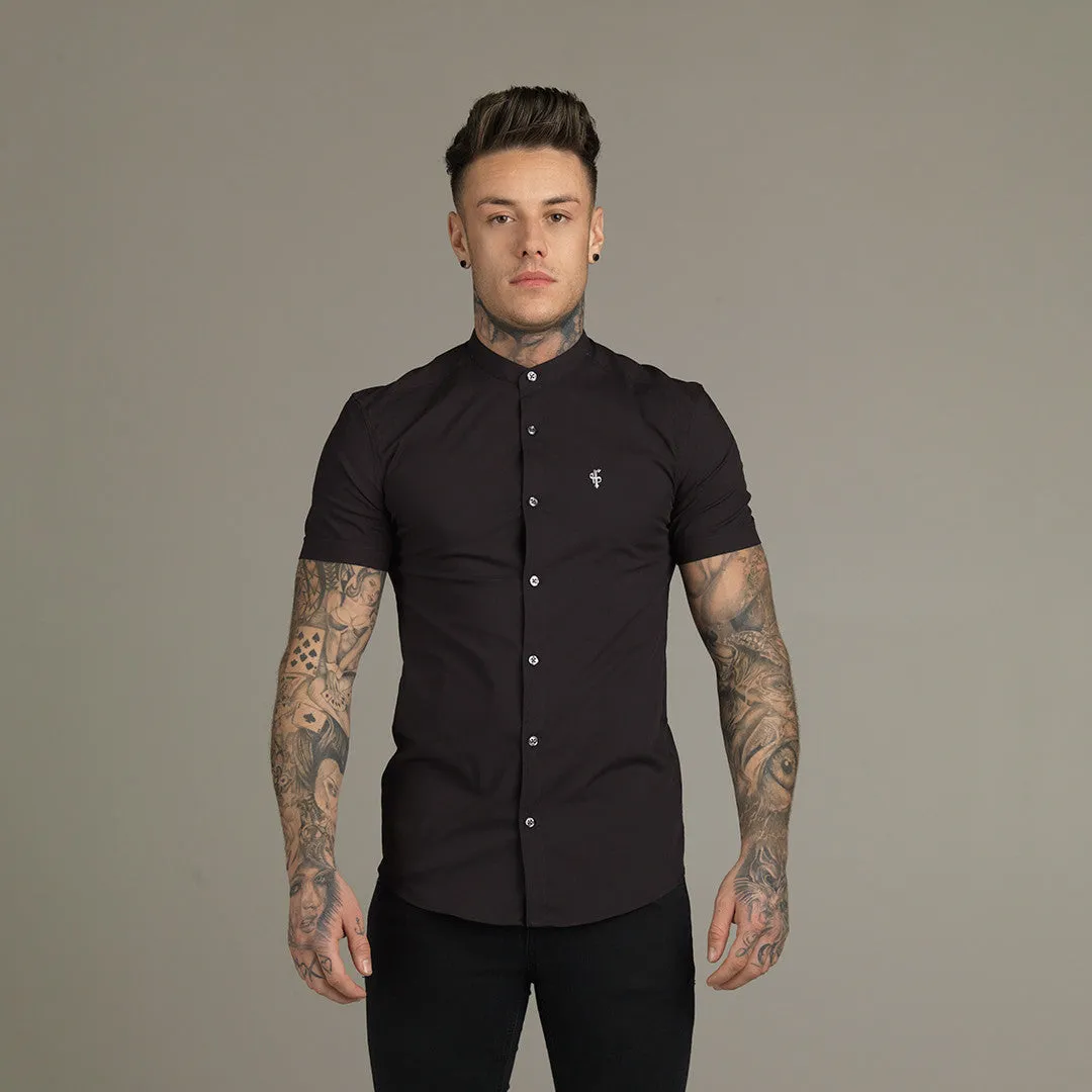 Father Sons Super Slim Stretch Classic Black Grandad Collar Short Sleeve - FS173
